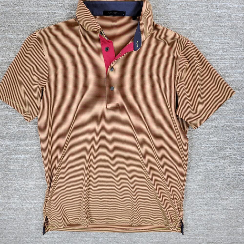 Greyson Saranac Polo Shirt Mens Small Gold Red Stripe Golf Performance